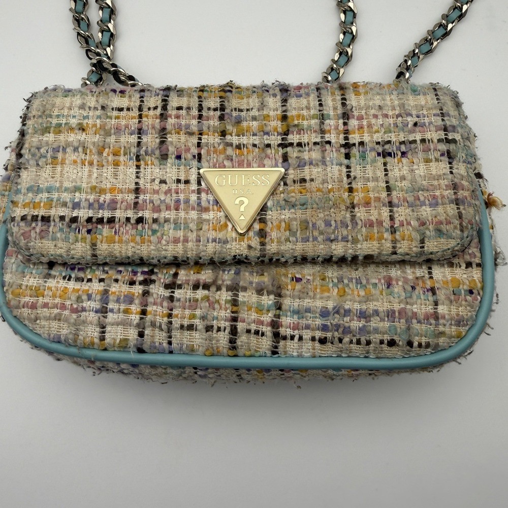 GUESS Blue White Tweed Mini Convertible Crossbody Flap Bag Purse Silver Preppy
